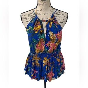Rachel Roy Blue Floral Cutout Halter Peplum Blouse M